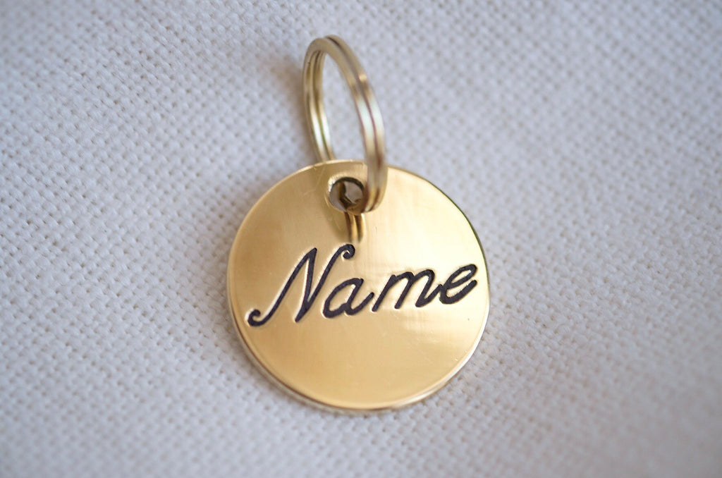 Round Brass Dog Tag - Cursive